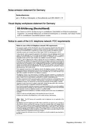 Page 187Noise emission statement for Germany
Visual display workplaces statement for Germany
Notice to users of the U.S. telephone network: FCC requirements
ENWW Regulatory information 171 