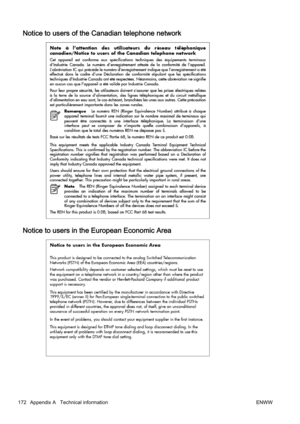 Page 188Notice to users of the Canadian telephone network
Notice to users in the European Economic Area
172 Appendix A   Technical information ENWW 