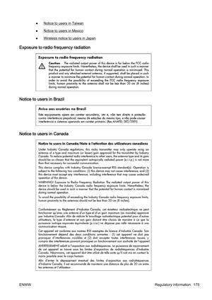 Page 191●Notice to users in Taiwan
●
Notice to users in Mexico
●
Wireless notice to users in Japan
Exposure to radio frequency radiation
Notice to users in Brazil
Notice to users in Canada
ENWW Regulatory information 175 