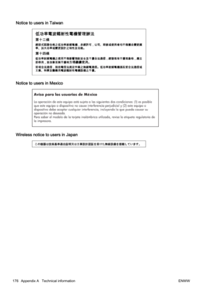 Page 192Notice to users in Taiwan
Notice to users in Mexico
Wireless notice to users in Japan
176 Appendix A   Technical informationENWW 