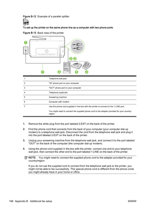 Page 214Figure B-12  Example of a parallel splitter
To set up the printer on the sam e phone line as a computer with two phone ports
Figure B-13   Back view of the printer
1 Telephone wall jack
2 "IN" phone port on your computer
3 "OUT" phone port on your computer
4 Telephone (optional)
5 Answering machine
6 Computer with modem
7 Use the phone cord supplied in the box with the printer to con nect to the 1-LINE port.
You might need to connect the supplied phone cord to the adapte r provided for...