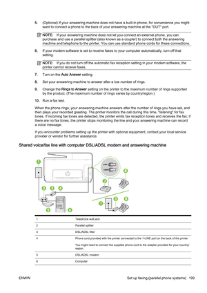 Page 2155.(Optional) If your answering machine does not have a built-in phone, for convenience you might
want to connect a phone to the b ack of your answering machine a t the "OUT" port.
NOTE:If your answering machine does n ot let you connect an external phone, you can
purchase and use a parallel splitt er (also known as a coupler) to connect both the answering
machine and telephone to the prin ter. You can use standard phone cords for these connections.
6.If your modem software is set to receive faxes...