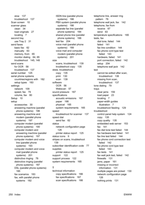 Page 266slow 137
troubleshoot 137
Scan screen 10
scanner glass
clean 34
load originals 27
locating 7
second tray use Tray 2 31
send faxes
basic fax 62
manually 63
memory, from 65
monitor dialing 64, 65
troubleshoot 145, 148
send scans for OCR 58
troubleshoot 137
serial number 125
serial phone systems countries/regions with 182
setup types 183
settings network 109
speed, fax 79
volume, fax 80
Setup 10
setup accessories 30
answering machine (parallelphone systems) 196
answering machine and modem (parallel phone...