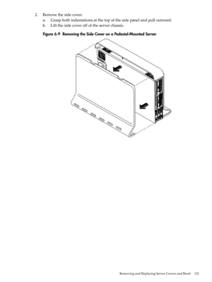 Page 1312.Removethesidecover.
a.Graspbothindentationsatthetopofthesidepanelandpulloutward.
b.Liftthesidecoveroffoftheserverchassis.
Figure6-9RemovingtheSideCoveronaPedestal-MountedServer
RemovingandReplacingServerCoversandBezel131 