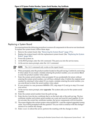 Page 185Figure6-73SystemProductNumber,SystemSerialNumber,KeyCertificate
ReplacingaSystemBoard
Youmustperformthefollowingproceduretoensureallcomponentsintheserverarefunctional.
Toreplacethesystemboard,followthesesteps:
1.Removethesystemboard.(See“RemovingtheSystemBoard”(page177).)
2.Replacethesystemboardwiththereplacementsystemboard.(See“ReplacingtheSystem
Board”(page180).)
3.Powerthesystemon.
4.AttheBCHprompt,entertheSERcommand.Thisputsyouintotheservicemenu.
5.Attheservicemenuprompt,entertheINITcommand....