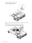 Page 688.Rotatetheclipclockwisetoreleasethelatch.
Figure3-27OpeningtheReleaseClip
9.Todisconnectthepowercableconnectedtotheguidefromthesystemboard,squeezethe
clips.
10.Liftthefrontportionoftheprocessorairflowguideoutoftheserver.
Figure3-28RemovingtheFrontPortionoftheProcessorAirflowGuide
68InstallingtheSystem 