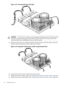 Page 84Figure3-45ConnectingthePowerPodCable
CAUTION:Turbofanpowercablescanbedamagedifpinchedbetweentheheatsinkposts
andtheprocessorairflowguide.Ensurethatthecablesarebelowthetopsurfaceofthe
heatsinkpostsbeforeinstallingtheprocessorairflowguide.
15.Routetheturbofanpowercablesthroughtheheatsinkpostssothatthecableswillnotbe
pinchedwhentheprocessorairflowguideissetinplace.
Figure3-46RoutingtheTurbofanPowerCablesthroughHeatsinkPosts
16.Connecttheturbofanpowercabletothesystemboard....