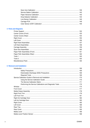 Page 12Scan Axis Calibration ....................................................................................................... 139
Service Station Calibration .............................................................................................. 140
Paper Advance Calibration .............................................................................................. 140
Drop Detector Calibration ................................................................................................ 145...