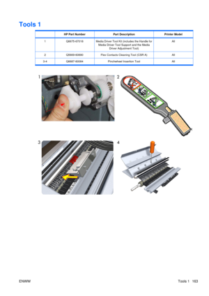 Page 177Tools 1
 HP Part NumberPart DescriptionPrinter Model
1Q6675-67018Media Driver Tool Kit (includes the Handle for
Media Driver Tool Support and the Media Driver Adjustment Tool)All
2Q5669-60690Flex Contacts Cleaning Tool (CSR A)All
3-4Q6687-60084Pinchwheel Insertion ToolAll
ENWW Tools 1 163 