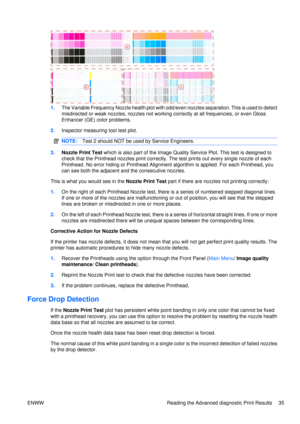 Page 491.The Variable Frequency Nozzle health plot with od d/even nozzles separation. This is used to detect
misdirected or weak nozzles, nozzles not workin g correctly at all frequencies, or even Gloss
Enhancer (GE) color problems.
2. Inspector measuring tool test plot.
NOTE: Test 2 should NOT be used by Service Engineers.
3.Nozzle Print Test  which is also part of the Image Qualit y Service Plot. This test is designed to
check that the Printhead nozzles print correctly.  The test prints out every single...
