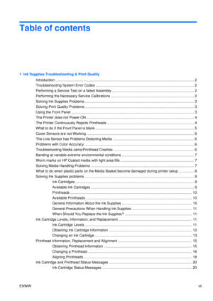 Page 9Table of contents
1  Ink Supplies Troubleshooting & Print QualityIntroduction .................................................................................................................. ......................... 2
Troubleshooting System Error Codes ............................................................................................ ...... 2
Performing a Service Test on a fa iled Assembly ................................................................................ .. 2
Performing the...