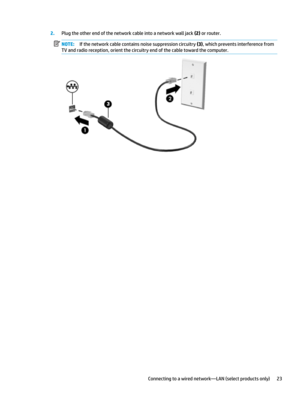 Page 332.Plugtheotherendofthenetworkcableintoanetworkwalljack(2)orrouter.NOTE:Ifthenetworkcablecontainsnoisesuppressioncircuitry(3),whichpreventsinterferencefrom
TVandradioreception,orientthecircuitryendofthecabletowardthecomputer.Connectingtoawirednetwork—LAN(selectproductsonly)23  