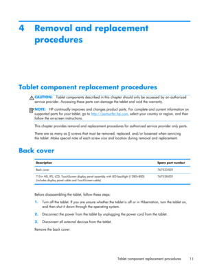 Page 174 Removal and replacement
procedures
Tablet component replacement procedures
CAUTION:Tablet components described in this chapter should only be accessed by an authorized
service provider. Accessing these parts can damage the tablet and void the warranty.
NOTE:HP continually improves and changes product parts. For complete and current information on
supported parts for your tablet, go to 
http://partsurfer.hp.com, select your country or region, and then
follow the on-screen instructions.
This chapter...