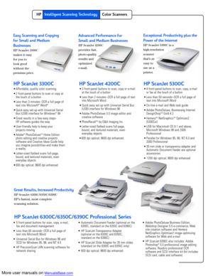 Page 2More user manuals on ManualsBase.com
HPIntelligent Scanning TechnologyColor Scanners
Easy Scanning and Copying
for Small and Medium
Businesses
HP ScanJet 3300C
makes it easy
for you to
look good
without the
premium price.
Advanced Performance for
Small and Medium Businesses
HP ScanJet 4200C
provides fast,
photo-quality
results and
optimized
e-mail.
Exceptional Productivity plus the
Power of the Internet 
HP ScanJet 5300C is a
high-resolution
scanner
that’s as
easy to
use as a
printer.
• 5 front-panel...