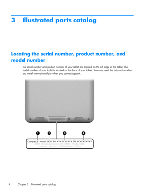 Page 103 Illustrated parts catalog
Locating the serial number, product number, and
model number
The serial number and product number of your tablet are located on the left edge of the tablet. The
model number of your tablet is located on the back of your tablet. You may need the information when
you travel internationally or when you contact support.
4 Chapter 3   Illustrated parts catalog 