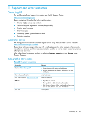 Page 6711Supportandotherresources
ContactingHP
Forworldwidetechnicalsupportinformation,seetheHPSupportCenter:
http://www.hp.com/go/hpsc
BeforecontactingHP,collectthefollowinginformation:
•Productmodelnamesandnumbers
•Technicalsupportregistrationnumber(ifapplicable)
•Productserialnumbers
•Errormessages
•Operatingsystemtypeandrevisionlevel
•Detailedquestions
SubscriptionService
HPstronglyrecommendsthatcustomersregisteronlineusingtheSubscriber'schoicewebsite:
http://www.hp.com/go/e-updates....