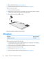 Page 264.Remove the back cover (see Back cover on page 14).
5.Disconnect the battery cables from the system board (see 
Battery on page 16).
Remove the rear-facing webcam:
1.Turn the system board upside down.
2.Release the zero insertion force (ZIF) connector (1) to which the rear-facing webcam is attached,
and then disconnect the rear-facing webcam from the system board.
3.Remove the rear-facing webcam (2) and cable.
Reverse this procedure to install the rear-facing webcam.
Microphone
DescriptionSpare part...