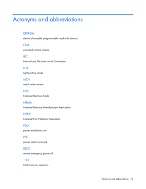 Page 75
 
Acronyms and  abbreviations  75 
Acronyms and abbreviations  
EEPROM 
electrical erasable programmable read only memory   
ERM 
extended runtime module   
IEC 
International Electrotechnical Co mmission  
LED 
light -emitting diode   
MOV 
metal oxide varistor   
NEC 
National Electrical Code   
NEMA 
National Electrical Manufacturers Association   
NFPA 
National Fire Protection Association   
PDU 
power distribution unit   
PFC 
power factor corrected  
REPO  
remote  emergency power off   
THD...