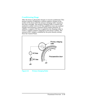 Page 131Conditioning Stage  
After the drum is physically cleaned, it must be conditioned. This
process consists of applying a uniform negative charge on the
surface of the drum with the primary charging roller, located in
the toner cartridge. The primary charging roller is coated with
conductive rubber with an AC bias applied to erase any residual
charges and maintain a constant drum surface potential. In
addition, a negative DC bias is applied by the charging roller to
create a uniform negative potential on...