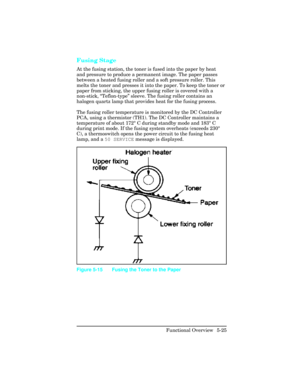 Page 137Fusing Stage    
At the fusing station, the toner is fused into the paper by heat
and pressure to produce a permanent image. The paper passes
between a heated fusing roller and a soft pressure roller. This
melts the toner and presses it into the paper. To keep the toner or
paper from sticking, the upper fusing roller is covered with a
non-stick, “Teflon-type”  sleeve. The fusing roller contains an
halogen quartz lamp that provides heat for the fusing process.
The fusing roller temperature is monitored by...