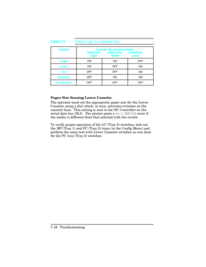 Page 246Paper Size Sensing Lower Cassette  
The operator must set the appropriate paper size for the Lower
Cassette using a dial which, in turn, activates switches on the
cassette base.  This setting is sent to the DC Controller on the
serial data bus (SLI).  The printer posts a 41.3 SERV\fCE error if
the media is different from that selected with the switch. 
To verify proper operation of the LC (Tray 3) switches, lock out
the MP (Tray 1) and PC (Tray 2) trays (in the Config Menu) and
perform the same test with...