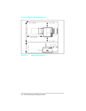 Page 30Printer Space Requirements
Figure 2-1 Space Requirements
2-2  Site Planning and Requirements 