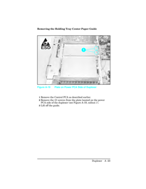 Page 379Removing the Holding Tray Center Paper Guide
 
1Remove the Control PCA as described earlier.
2Remove the (2) screws from the plate located on the power
PCA side of the duplexer (see Figure A-19, callout 1).
3Lift off the guide.
Figure A-19 Plate on Power PCA Side of Duplexer
Duplexer   A -23 