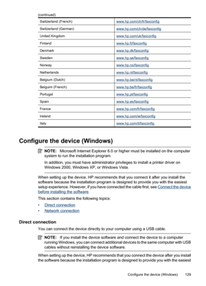 Page 133
Switzerland (French)www.hp.com/ch/fr/faxconfig
Switzerland (German)www.hp.com/ch/de/faxconfig
United Kingdomwww.hp.com/uk/faxconfig
Finlandwww.hp.fi/faxconfig
Denmarkwww.hp.dk/faxconfig
Swedenwww.hp.se/faxconfig
Norwaywww.hp.no/faxconfig
Netherlandswww.hp.nl/faxconfig
Belgium (Dutch)www.hp.be/nl/faxconfig
Belguim (French)www.hp.be/fr/faxconfig
Portugalwww.hp.pt/faxconfig
Spainwww.hp.es/faxconfig
Francewww.hp.com/fr/faxconfig
Irelandwww.hp.com/ie/faxconfig
Italywww.hp.com/it/faxconfig
Configure the...