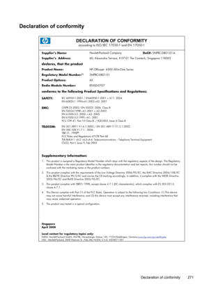 Page 275
Declaration of conformity
DECLARATION OF CONFORMITYaccording to ISO/IEC 17050-1 and EN 17050-1
Supplier’s Name:Hewlett-Packard Company 
DoC#: SNPRC-0801-01-A 
Supplier’s  Address: 60, Alexandra Terrace, # 07-01 The Comtech, Singapore 118502 
declares, that the product
Product Name:HP Officejet  6500 All-In-One Series 
Regulatory Model Number:1)SNPRC-0801-01 
Product Options: All 
Radio Module Number:  RSVLD-0707
conforms to the following Product Specifications and Regulations:
SAFETY: IEC 60950-1:2001 /...