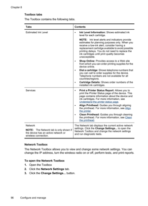 Page 100
Toolbox tabs
The Toolbox contains the following tabs.
TabsContents
Estimated Ink Level•Ink Level Information: Shows estimated ink
level for each cartridge.
NOTE: Ink level alerts and indicators provide
estimates for planning purposes only. When you
receive a low-ink alert, consider having a
replacement cartridge available to avoid possible
printing delays. You do not need to replace the
ink cartridges until print quality becomes
unacceptable.
•Shop Online:  Provides access to a Web site
from which you...