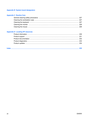 Page 12Appendix B  System board designators
Appendix C  Routine Care
General cleaning safety precautions  ...............................................................................................  227
Cleaning the workstation case .........................................................................................................  227
Cleaning the keyboard  ....................................................................................................................  227
Cleaning the monitor...
