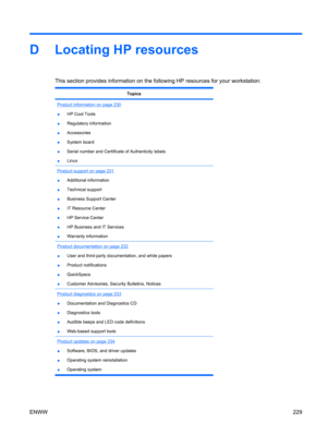 Page 241D Locating HP resources
This section provides information on the following HP resources for your workstation:
Topics
Product information on page 230
●HP Cool Tools
●Regulatory information
●Accessories
●System board
●Serial number and Certificate of Authenticity labels
●Linux
Product support on page 231
●Additional information
●Technical support
●Business Support Center
●IT Resource Center
●HP Service Center
●HP Business and IT Services
●Warranty information
Product documentation on page 232
●User and...