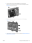 Page 1453.Insert the fan cable under the fan holder hooks  as shown in the following figure.
Rotate the fan near the retention tab and press it until it snaps into place 
2 in the fan holder.
Figure 5-80  Inserting the fan in the holder
4.Guide the fan cable under the cable retention clamps as shown in the following figure.
Figure 5-81  Routing the fan cable
5.Install the expansion card guide/front fan holder in the chassis (see Installing the expansion card
guide/front fan holder on page 129).
ENWW Removing and...