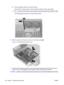 Page 172b.Place the graphics cables in the hard drive bays.
Place the CPU, memory power, and rear system fan cables over the chassis edge.
TIP:Use the CPU and memory power cables to hold up the shorter rear system fan cable.
The following figure presents an example of these steps.
10.Slide the system board forward as shown in the following figure .
Figure 5-104  Removing the system board
11.Using the CPU heatsinks as handles, lift the system board straight up and then tilt the board to
remove it from the chassis...