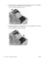 Page 903.Remove the expansion card support by lifting firmly on the handle at the green touch point , and
then rotating the support upward 
2 as shown in the following figure.
Figure 5-7  Rotating the expansion card support
4.Disengage the expansion card support tabs from the rear chassis slots , and then lift the support
from the chassis 
2 as shown in the following figure.
Figure 5-8  Removing the expansion card support
78 Chapter 5   Replacing components ENWW 