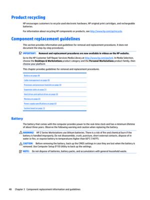 Page 58Product recycling
HP encourages customers to recycle used electronic hardware, HP original print cartridges, and rechargeable 
batteries.
For information about recycling HP components or products, see http://www.hp.com/go/recycle.
Component replacement guidelines 
This section provides information and guidelines for removal and replacement procedures. It does not 
document the step-by-step procedures.
IMPORTANT:Removal and replacement procedures are now available in videos on the HP website.
Go to the HP...