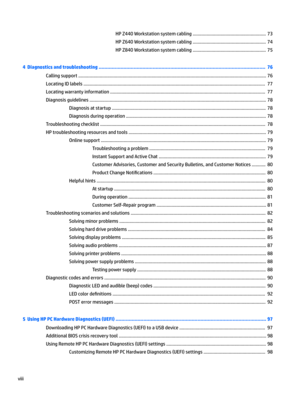 Page 8HP Z440 Workstation system cabling .......................................................... 73
HP Z640 Workstation system cabling .......................................................... 74
HP Z840 Workstation system cabling .......................................................... 75
4  Diagnostics and troubleshooting .................................................................................................................. 76
Calling support...