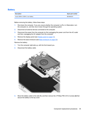 Page 43Battery
DescriptionSpare part number
4-cell, 52WHr 3.55AH Li-ion battery 681949-001
Before removing the battery, follow these steps:
1.Shut down the computer. If you are unsure whether the computer is off or in Hibernation, turn
the computer on, and then shut it down through the operating system.
2.Disconnect all external devices connected to the computer.
3.Disconnect the power from the computer by first unplugging the power cord from the AC outlet
and then unplugging the AC adapter from the computer....