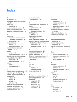 Page 93Index
A
AC adapter 10
AC adapter, spare part numbers
19, 20
action keys
identifying 6
audio, product description 2
audio-in (microphone) jack 10
audio-out (headphone) jacks 10
B
backing up
customized window, toolbar,
and menu bar settings 80
personal files 80
base enclosure
removal 33
spare part numbers 33
base enclosure, spare part
number 21, 22
battery
removal 35
spare part numbers 16, 20, 35
Blu-ray ROM DVD±R/RW Super
Multi Double-Layer Drive
precautions 26
spare part number 18, 20
buttons
power 5...