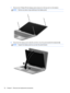 Page 407.Remove the 4 Phillips PM 2x2 display panel screws (2 on the top and 2 on the bottom).
NOTE:Remove any tabs or tape adhering to the display panel.
8.Disconnect the display panel cable (1), and then move the panel towards the keyboard (2).
NOTE:Support the display panel as you lean the panel forward.
32 Chapter 4   Removal and replacement procedures 