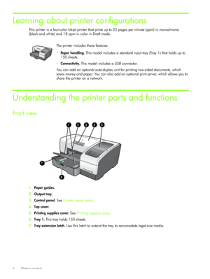Page 7Getting started
4
Learning about printer configurations
This printer is a four-color Inkjet printer that prints up to 23 pages per minute (ppm) in monochrome 
(black and white) and 18 ppm in color in Draft mode. 
The printer includes these features.
Paper handling.  This model includes a standard input tray (Tray 1) that holds up to 
150 sheets.
 Connectivity.  This model includes a USB connector. 
You can add an optional auto-duplex unit for printing two-sided documents, which 
saves money and paper....