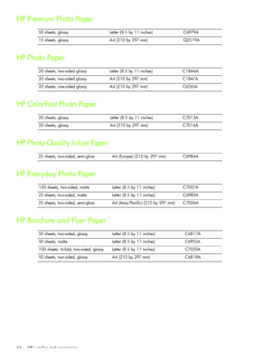 Page 69HP supplies and accessories 66
HP Premium Photo Paper
HP Photo Paper
HP ColorFast Photo Paper
HP Photo-Quality Inkjet Paper
HP Everyday Photo Paper
HP Brochure and Flyer Paper
50 sheets, glossy Letter (8.5 by 11 inches) C6979A
15 sheets, glossy A4 (210 by 297 mm) Q2519A
20 sheets, two-sided glossy Letter (8.5 by 11 inches) C1846A
20 sheets, two-sided glossy A4 (210 by 297 mm) C1847A
20 sheets, one-sided glossy A4 (210 by 297 mm) C6765A
20 sheets, glossy Letter (8.5 by 11 inches) C7013A
20 sheets, glossy...