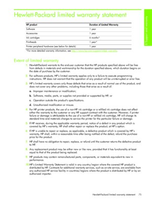 Page 78B Support and warranty 
Hewlett-Packard limited warranty statement 75
Hewlett-Packard limited warranty statement
Extent of limited warranty
1.Hewlett-Packard warrants to the end-user customer that the HP products specified above will be free 
from defects in materials and workmanship for the duration specified above, which duration begins on 
the date of purchase by the customer.
2.For software products, HP’s limited warranty applies only to a failure to execute programming 
instructions. HP does not...