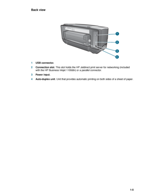 Page 11ENWW1-5
Back view
1USB connector.
2Connection slot. This slot holds the HP Jetdirect print server for networking (included 
with the HP Business Inkjet 1100dtn) or a parallel connector. 
3Power input.
4Auto-duplex unit. Unit that provides automatic printing on both sides of a sheet of paper.
1
2
3
4
 