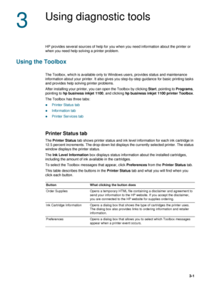 Page 45ENWW3-1
3
Using diagnostic tools
HP provides several sources of help for you when you need information about the printer or 
when you need help solving a printer problem.
Using the Toolbox
The Toolbox, which is available only to Windows users, provides status and maintenance 
information about your printer. It also gives you step-by-step guidance for basic printing tasks 
and provides help solving printer problems.
After installing your printer, you can open the Toolbox by clicking Start, pointing to...