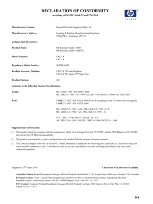 Page 91ENWWD-3
DECLARATION OF CONFORMITY
according to ISO/IEC Guide 22 and EN 45014
Supplementary Information:
(1) The product herewith complies with the requirements of the Low Voltage Directive 73/23/EEC and the EMC Directive 89/336/EEC,  
and carries the CE Marking accordingly.
(2) The product was tested in a typical configuration with Hewlett Packard personal computer systems.
(3) This Device complies with Part 15 of the FCC Rules. Operation is subject to the following two conditions: (1) this device may...