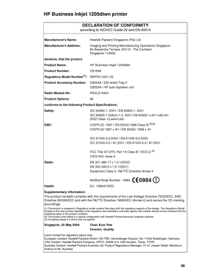 Page 101ENWW     99    
HP Business Inkjet 1200dtwn printer
DECLARATION OF CONFORMITY
according to ISO/IEC Guide22 and EN45014
Manufacturers Name: Hewlett-Packard Singapore (Pte) Ltd.
Manufacturer’s Address:Imaging and Printing Manufacturing Operations Singapore
60 Alexandra Terrace, #07-01, The Comtech,
Singapore118502
declares, that the product
Product Name:HPBusinessInkjet1200dtwn
Product Number:C8156A
Regulatory Model Number(1):SNPRC-0401-02
Product Accessory Number:C8254A / 250 sheet Tray2
C8253A / HP...