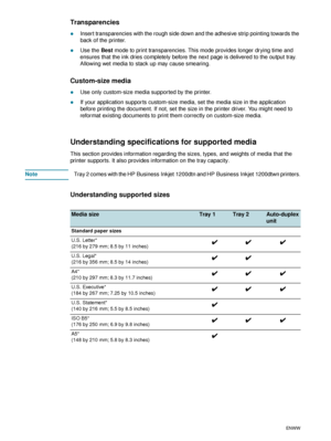 Page 1210    2 - Using the printerENWW
Transparencies
zInsert transparencies with the rough side down and the adhesive strip pointing towards the 
back of the printer. 
zUse the Best mode to print transparencies. This mode provides longer drying time and 
ensures that the ink dries completely before the next page is delivered to the output tray. 
Allowing wet media to stack up may cause smearing.
Custom-size media
zUse only custom-size media supported by the printer.
zIf your application supports custom-size...
