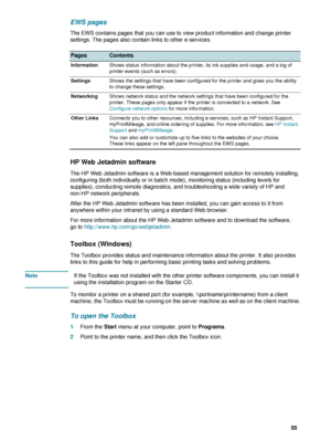 Page 57ENWW     55    
EWS pages
The EWS contains pages that you can use to view product information and change printer 
settings. The pages also contain links to other e-services.
HP Web Jetadmin software
The HP Web Jetadmin software is a Web-based management solution for remotely installing, 
configuring (both individually or in batch mode), monitoring status (including levels for 
supplies), conducting remote diagnostics, and troubleshooting a wide variety of HP and 
non-HP network peripherals. 
After the HP...