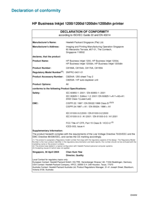 Page 10098    D - Regulatory informationENWW
Declaration of conformity
HP Business Inkjet 1200/1200d/1200dn/1200dtn printer
DECLARATION OF CONFORMITY
according to ISO/IEC Guide 22 and EN 45014
Manufacturers Name: Hewlett-Packard Singapore (Pte) Ltd.
Manufacturer’s Address:Imaging and Printing Manufacturing Operation Singapore
60 Alexandra Terrace, #07-01, The Comtech,
Singapore 118502
declares, that the product
Product Name:HP Business Inkjet 1200, HP Business Inkjet 1200d, 
HP Business Inkjet 1200dn, HP...